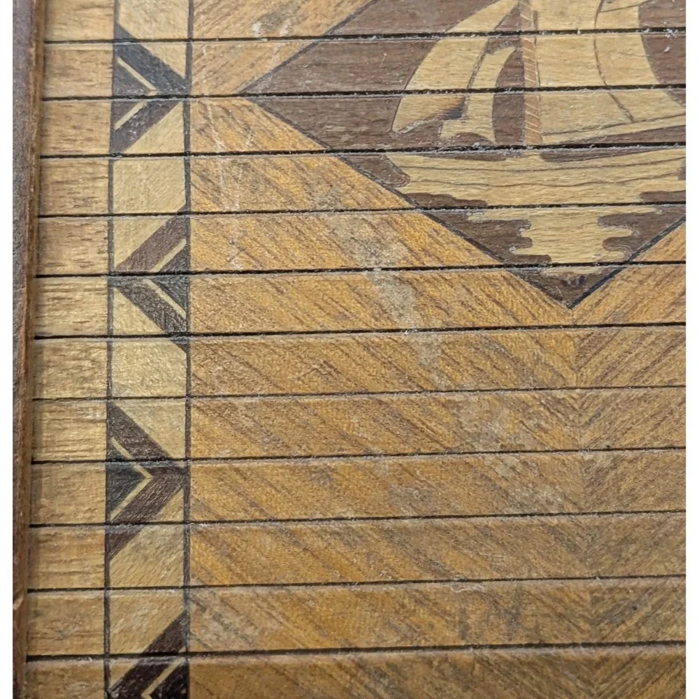 Vintage Japanese Roll Top Box Cigarette Trinket Sailboat Wooden